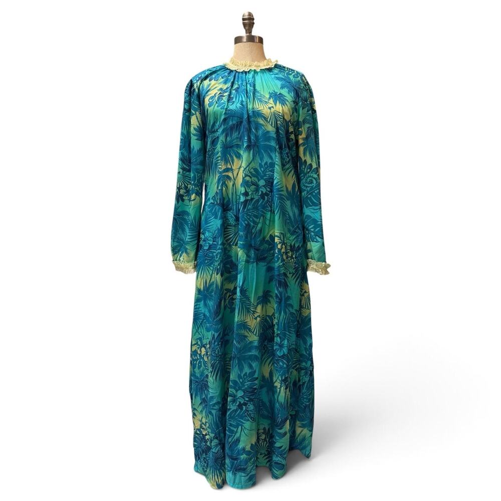 Tropical Breeze Hawaiian Muumuu Maxi Dress with Lace Trim Size Large Palm Trees